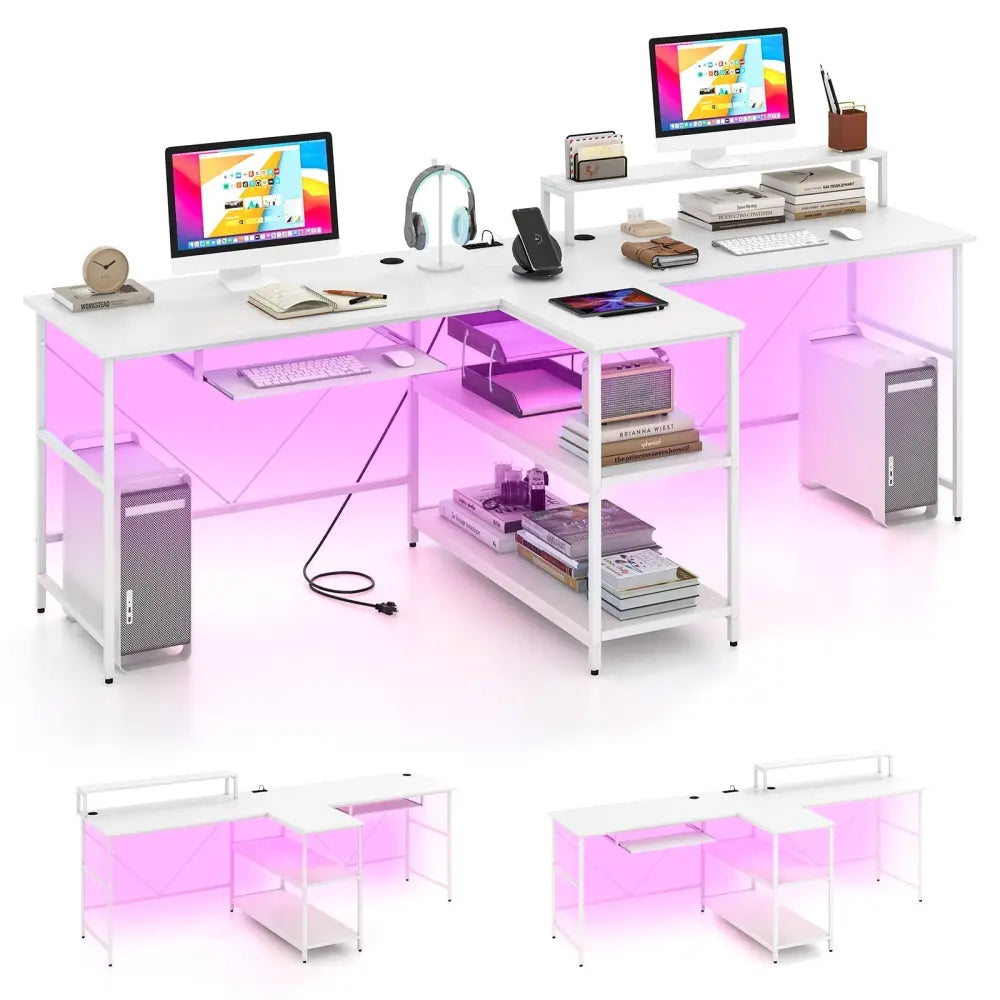2-Person Reversible Computer Desk Long Office Desk with LED Lights-White Costway
