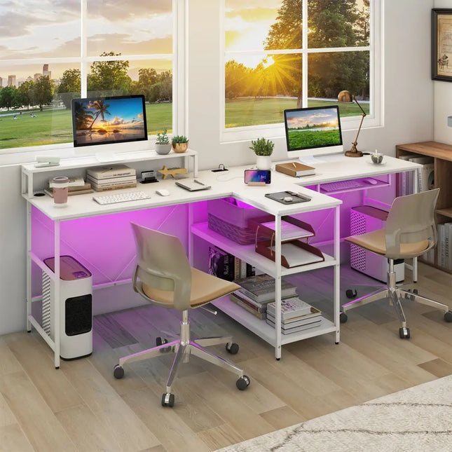 2-Person Reversible Computer Desk Long Office Desk with LED Lights-White Costway
