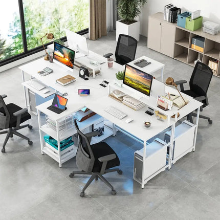 2-Person Reversible Computer Desk Long Office Desk with LED Lights-White Costway