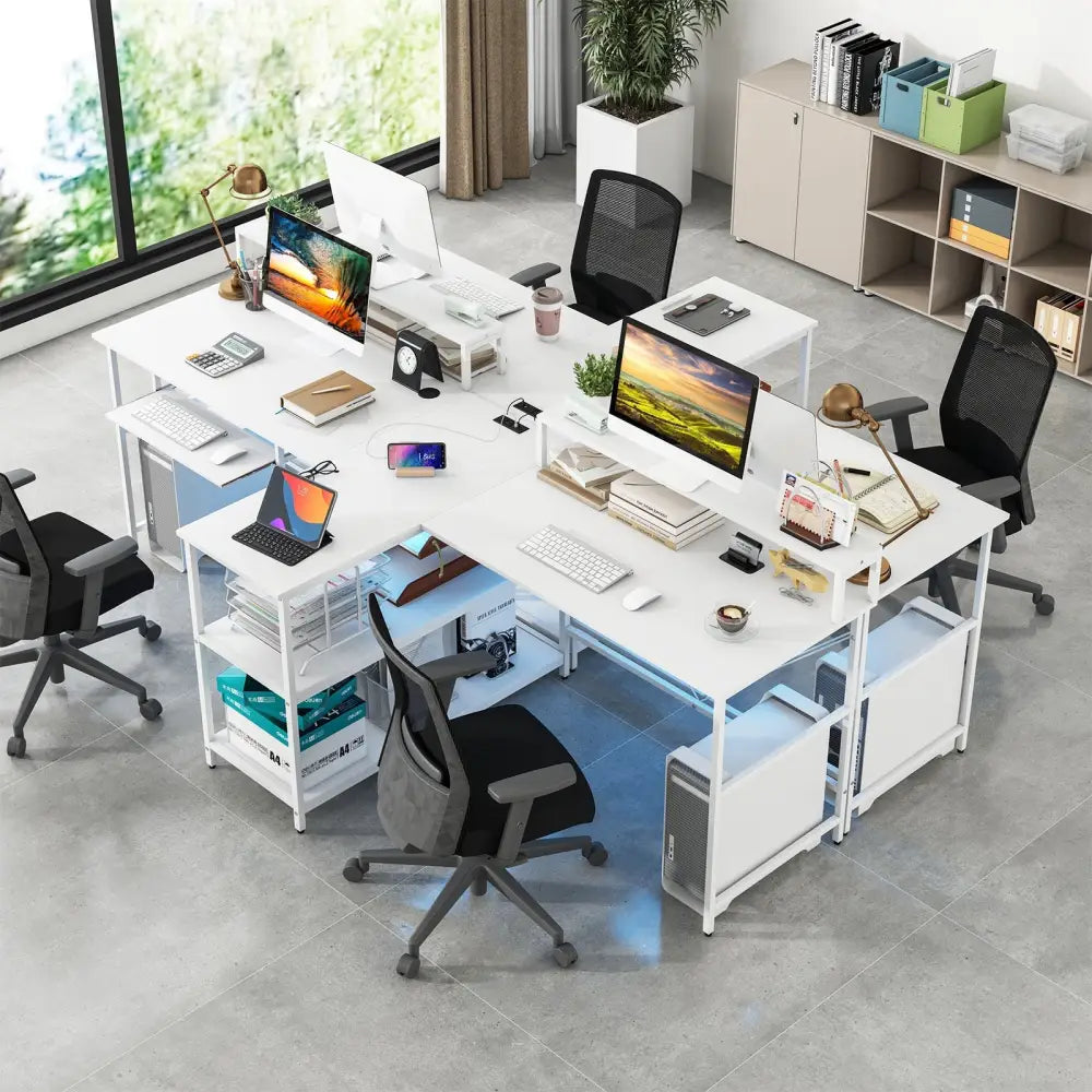 2-Person Reversible Computer Desk Long Office Desk with LED Lights-White Costway