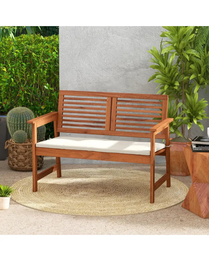 2-Person Solid Wood Patio Bench with Backrest and Cushion - Natural - Outdoor Benches