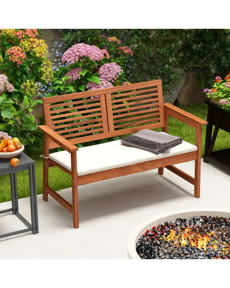 2-Person Solid Wood Patio Bench with Backrest and Cushion - Natural - Outdoor Benches