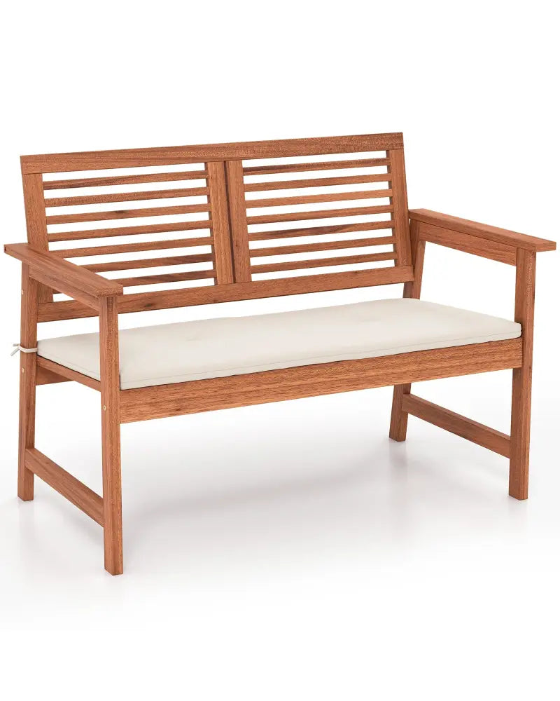 2-Person Solid Wood Patio Bench with Backrest and Cushion - Natural - Outdoor Benches