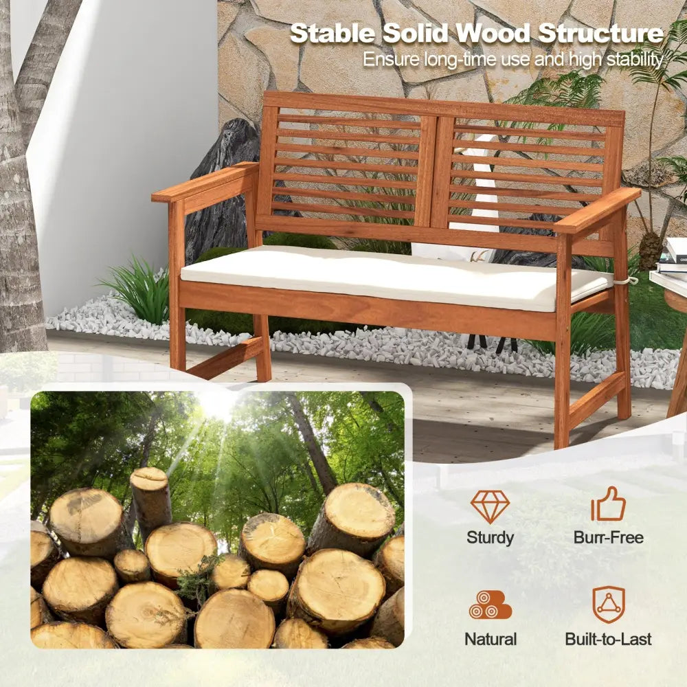 2-Person Solid Wood Patio Bench with Backrest and Cushion - Natural - Outdoor Benches