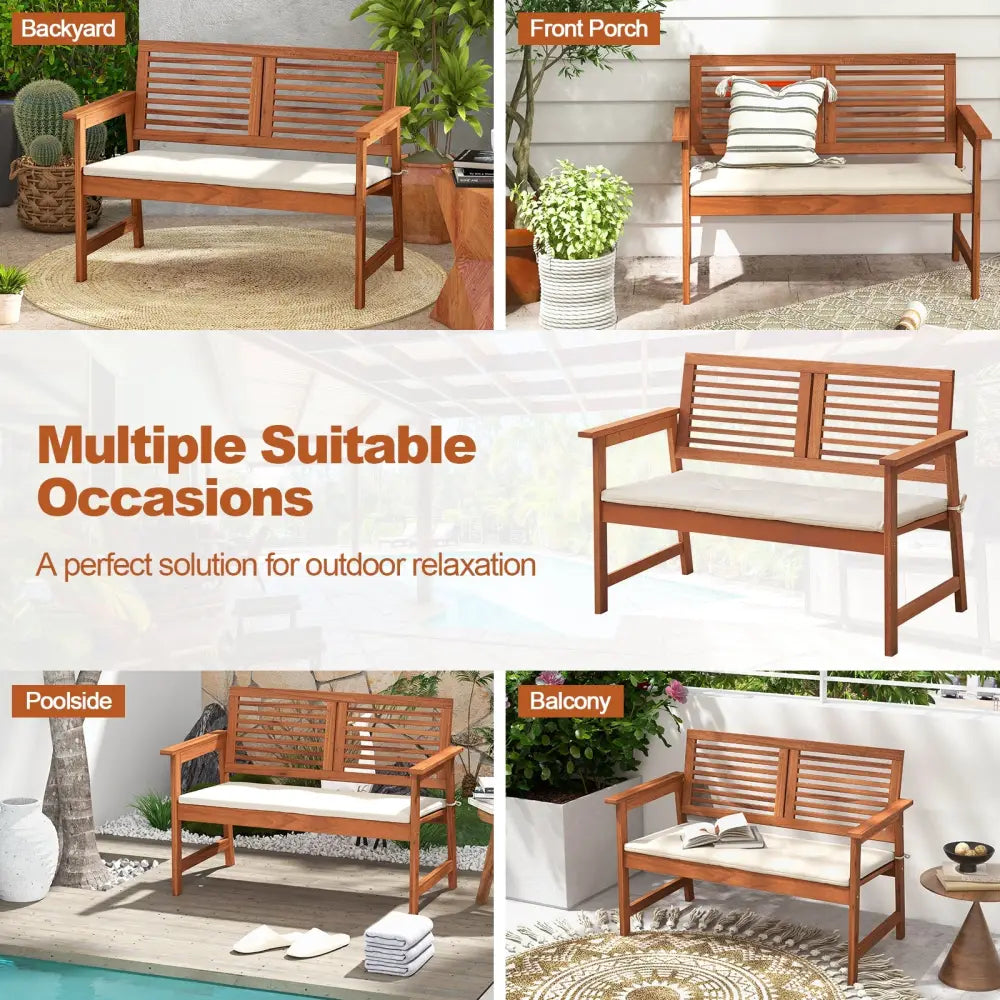 2-Person Solid Wood Patio Bench with Backrest and Cushion - Natural - Outdoor Benches
