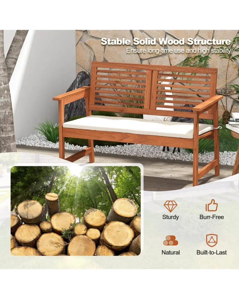 2-Person Solid Wood Patio Bench with Backrest and Cushion - Natural - Outdoor Benches