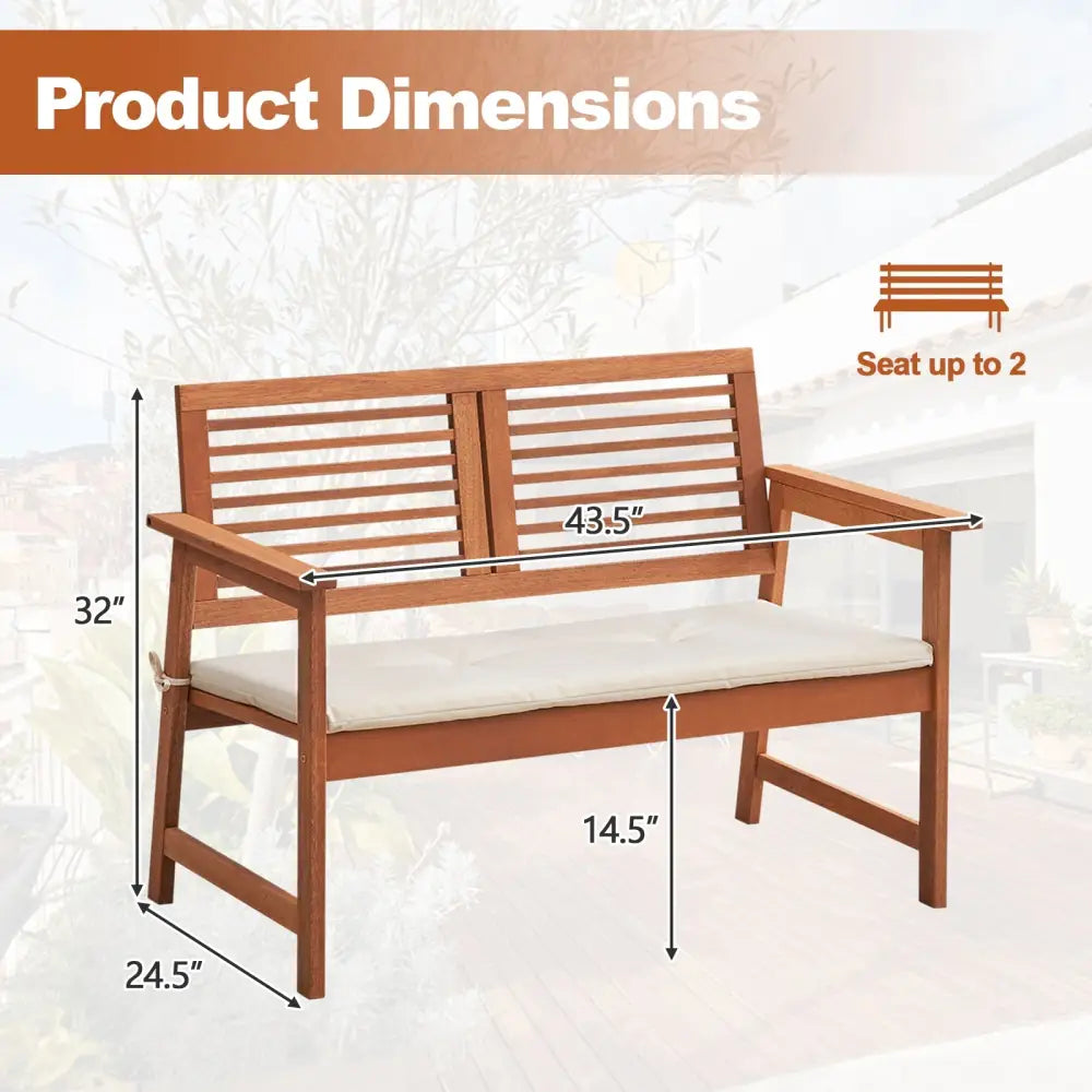 2-Person Solid Wood Patio Bench with Backrest and Cushion - Natural - Outdoor Benches