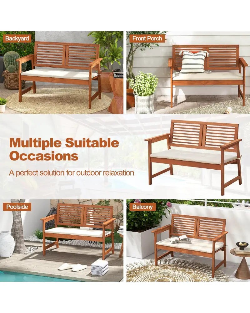2-Person Solid Wood Patio Bench with Backrest and Cushion - Natural - Outdoor Benches