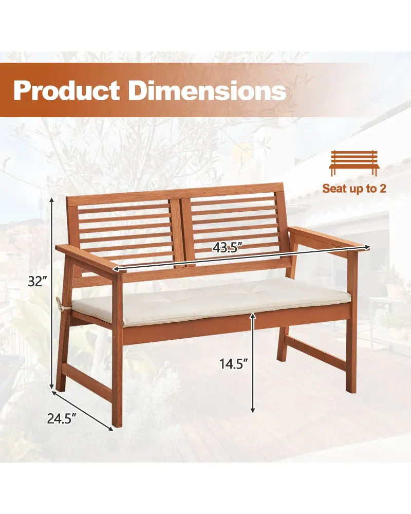 2-Person Solid Wood Patio Bench with Backrest and Cushion - Natural - Outdoor Benches