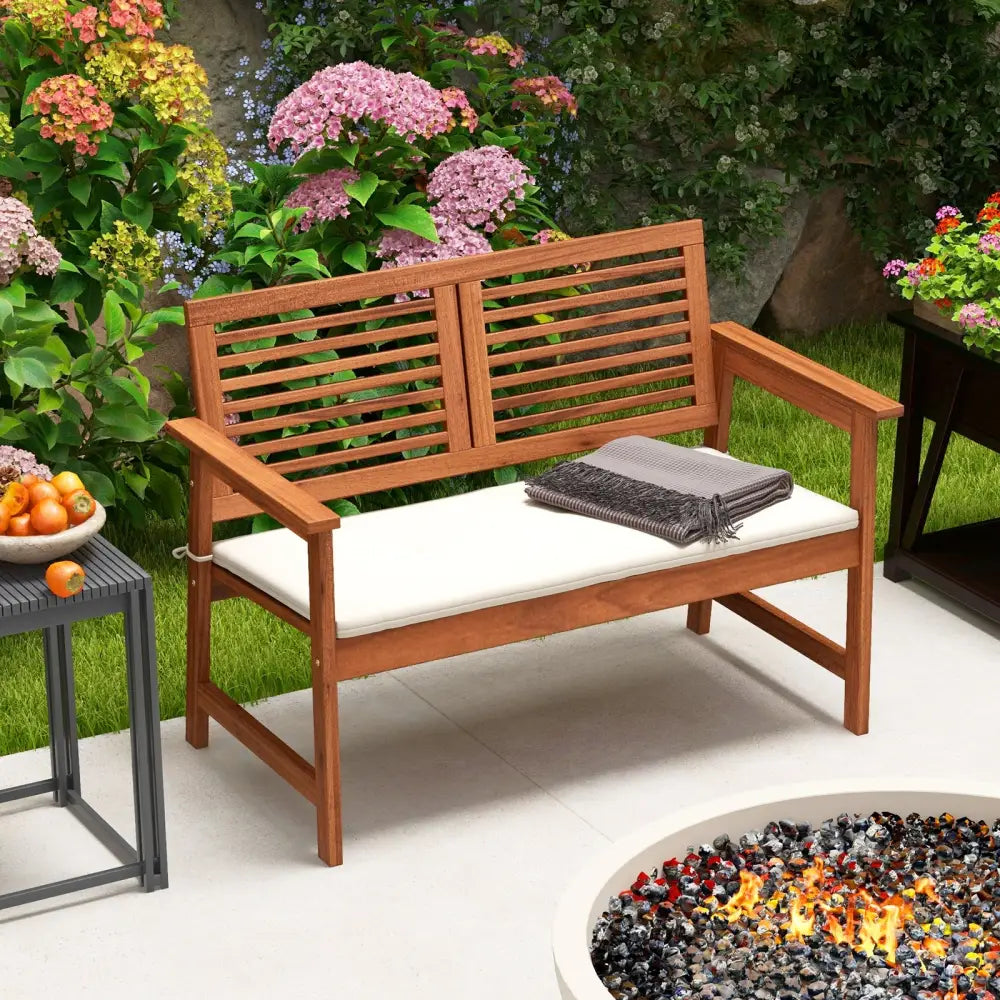 2-Person Solid Wood Patio Bench with Backrest and Cushion - Natural - Outdoor Benches