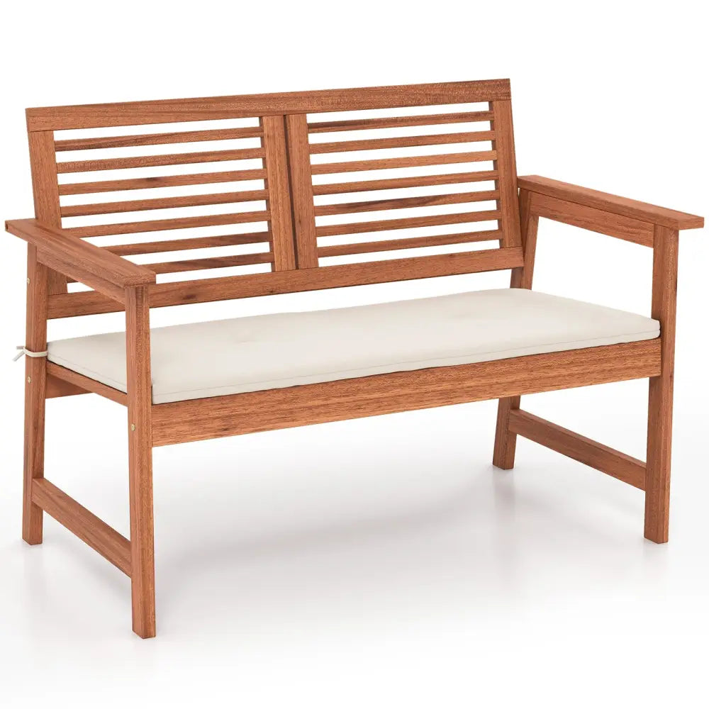 2-Person Solid Wood Patio Bench with Backrest and Cushion - Natural - Outdoor Benches