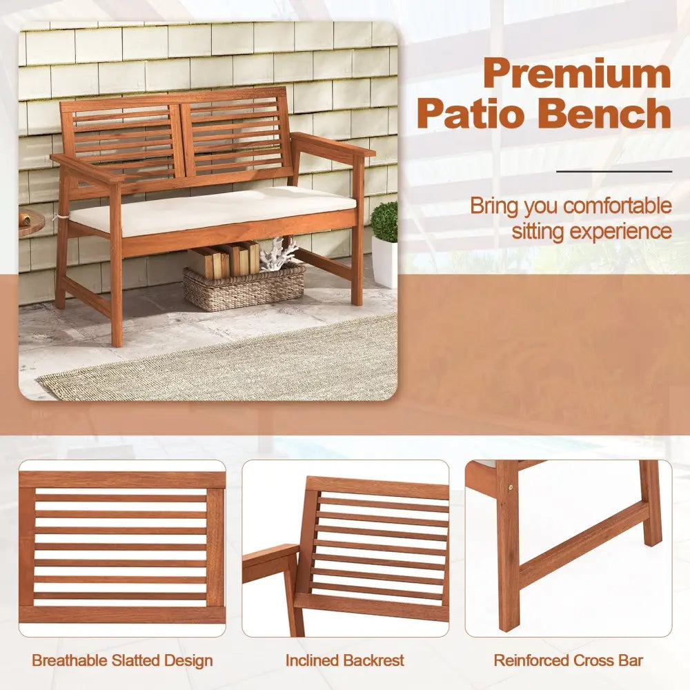 2-Person Solid Wood Patio Bench with Backrest and Cushion - Natural - Outdoor Benches