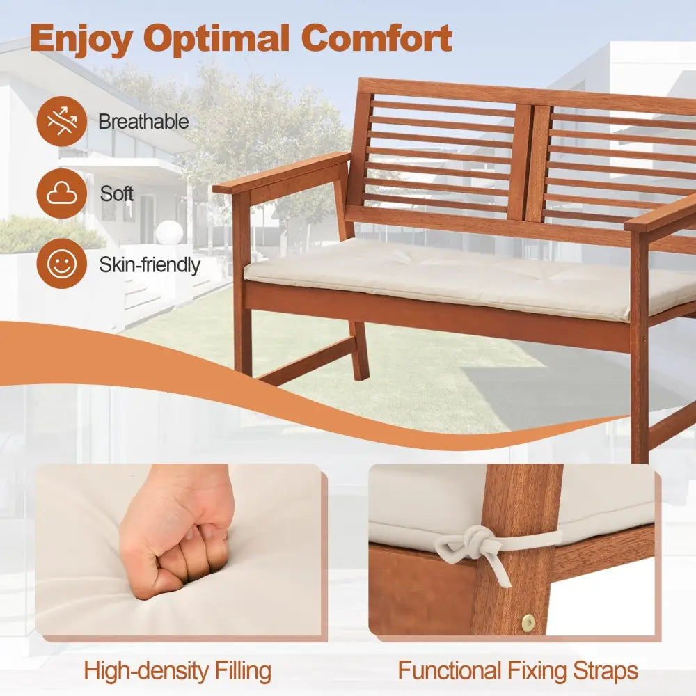 2-Person Solid Wood Patio Bench with Backrest and Cushion - Natural - Outdoor Benches