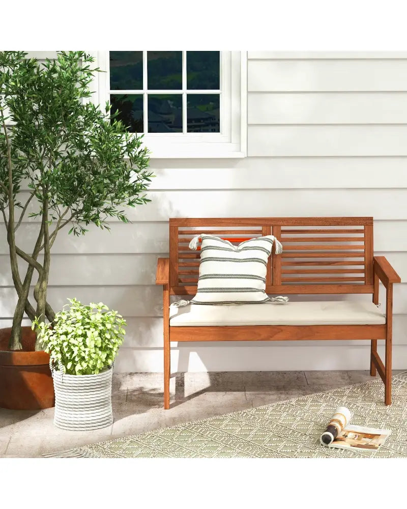 2-Person Solid Wood Patio Bench with Backrest and Cushion - Natural - Outdoor Benches