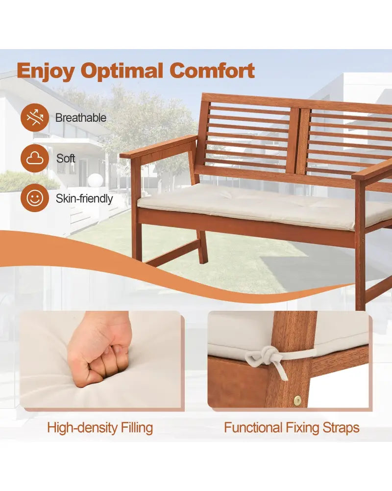 2-Person Solid Wood Patio Bench with Backrest and Cushion - Natural - Outdoor Benches