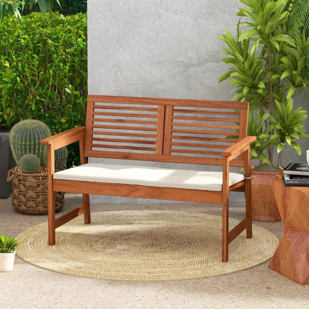 2-Person Solid Wood Patio Bench with Backrest and Cushion - Natural - Outdoor Benches