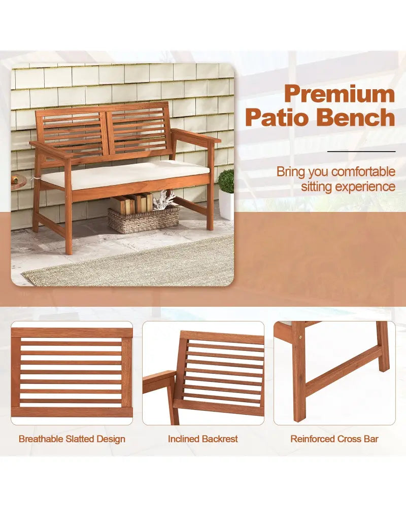 2-Person Solid Wood Patio Bench with Backrest and Cushion - Natural - Outdoor Benches