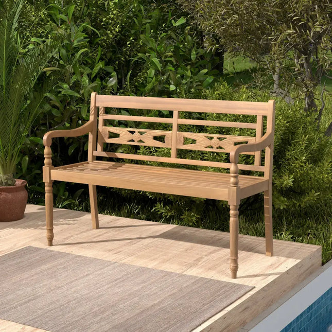 2-Person Teak Wood Patio Bench with Wide Backrest and Curved Armrests - Natural - Outdoor Benches