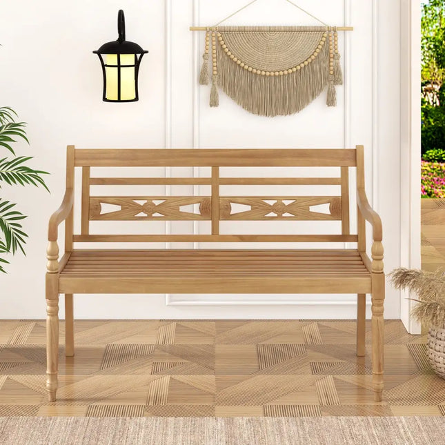 2-Person Teak Wood Patio Bench with Wide Backrest and Curved Armrests - Natural - Outdoor Benches