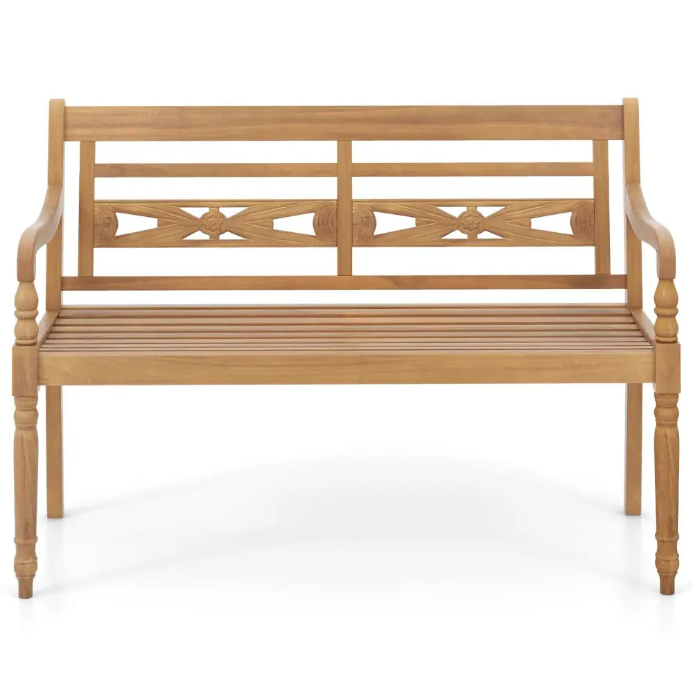 2-Person Teak Wood Patio Bench with Wide Backrest and Curved Armrests - Natural - Outdoor Benches