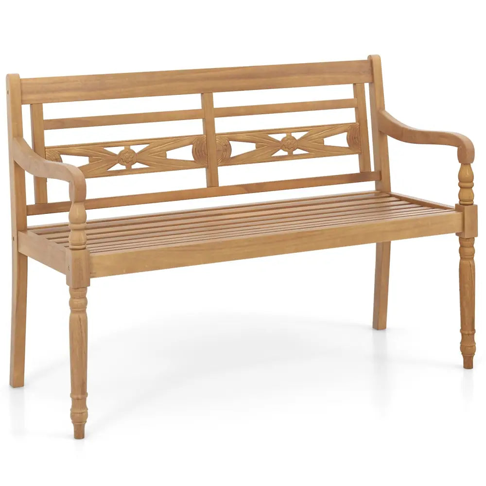 2-Person Teak Wood Patio Bench with Wide Backrest and Curved Armrests - Natural - Outdoor Benches