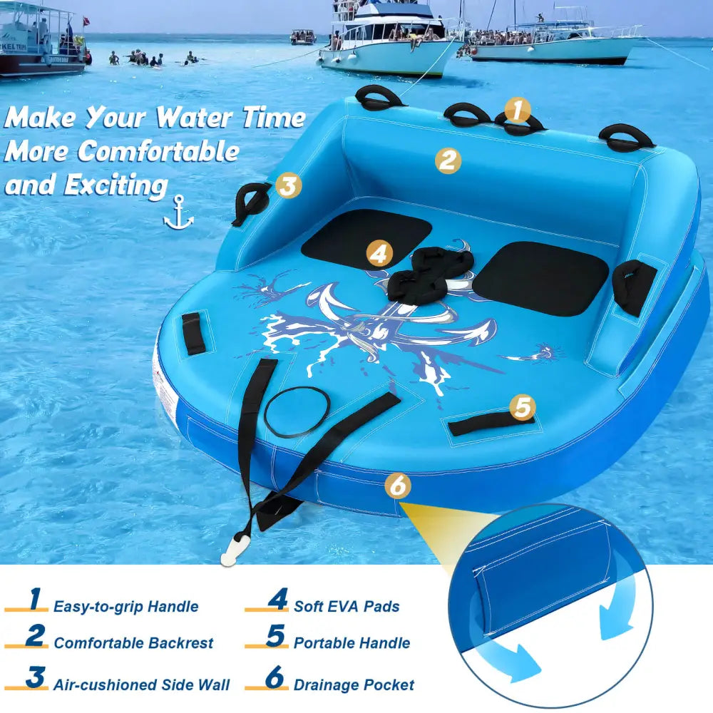 2 Person Water Sport Inflatable Towable Tubes for Boating-Blue - Blue - Water Sports