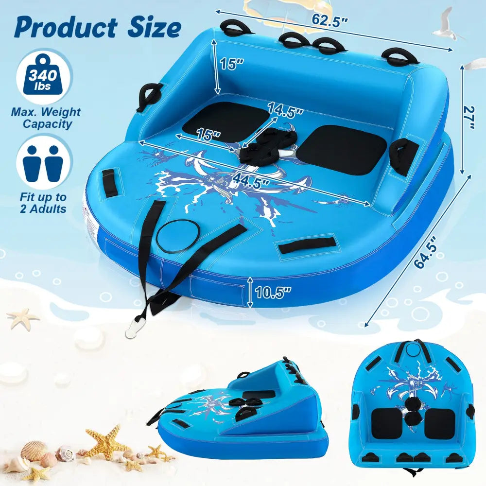 2 Person Water Sport Inflatable Towable Tubes for Boating-Blue - Blue - Water Sports