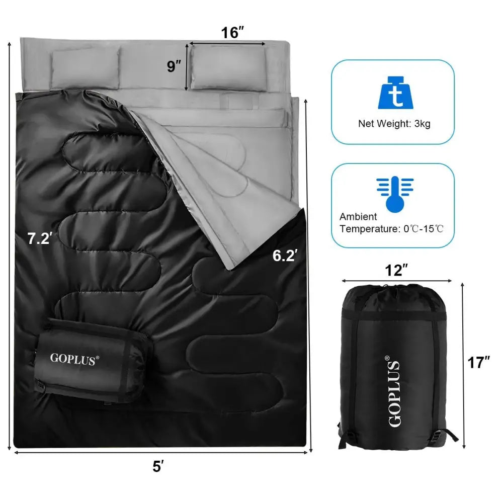 2 Person Waterproof Sleeping Bag with 2 Pillows-Black - Black - Air Mattresses & Sleeping Bags