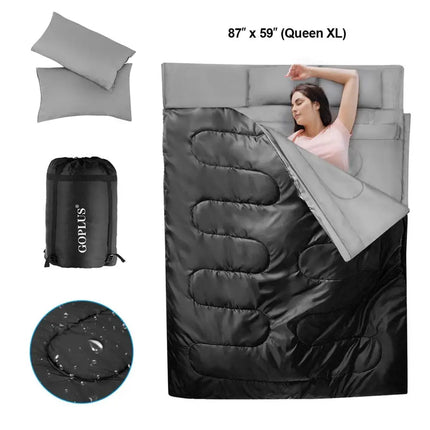 2 Person Waterproof Sleeping Bag with 2 Pillows-Black - Black - Air Mattresses & Sleeping Bags