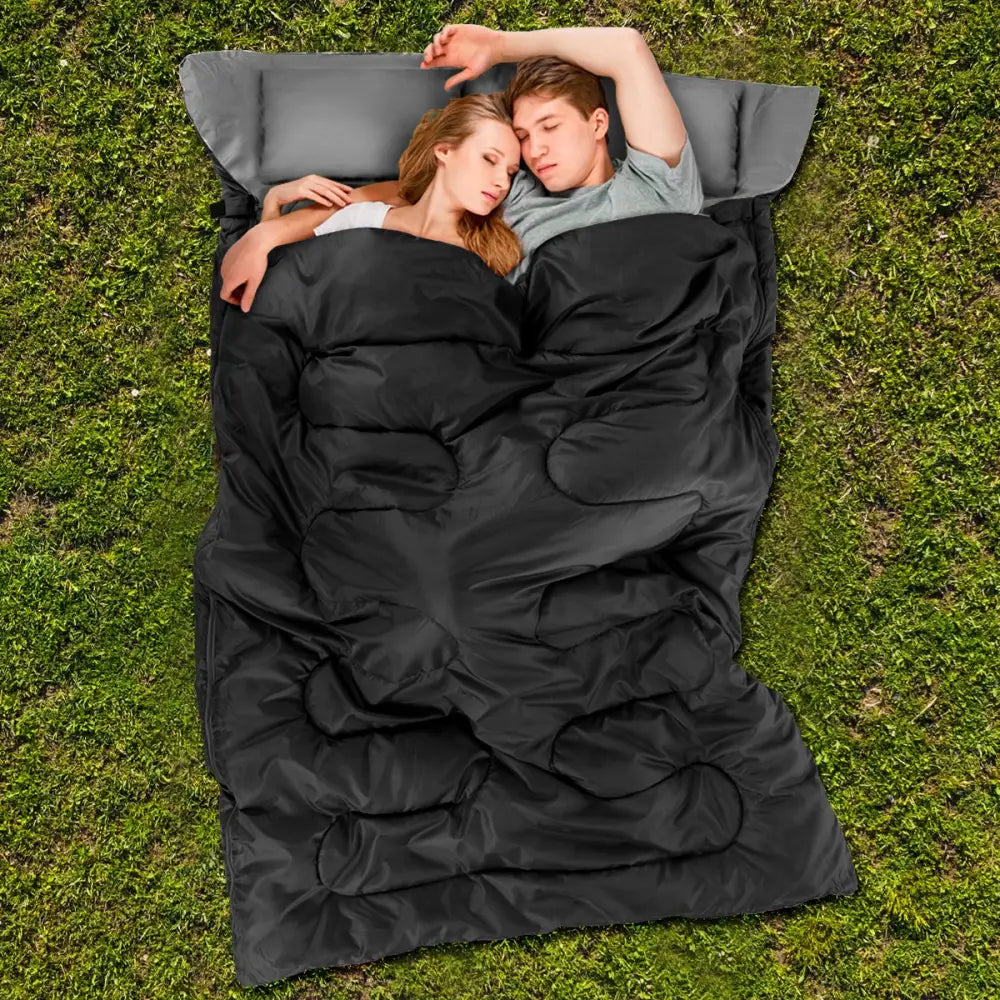 2 Person Waterproof Sleeping Bag with 2 Pillows-Black - Black - Air Mattresses & Sleeping Bags