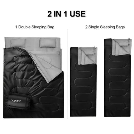 2 Person Waterproof Sleeping Bag with 2 Pillows-Black - Black - Air Mattresses & Sleeping Bags