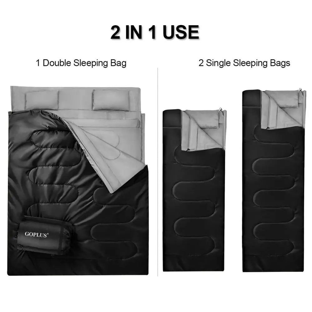 2 Person Waterproof Sleeping Bag with 2 Pillows-Black - Black - Air Mattresses & Sleeping Bags