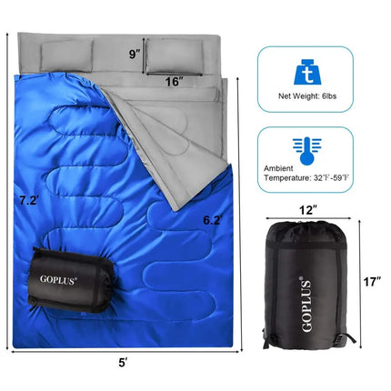 2 Person Waterproof Sleeping Bag with 2 Pillows-Blue - Blue - Air Mattresses & Sleeping Bags