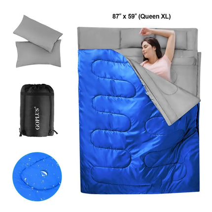 2 Person Waterproof Sleeping Bag with 2 Pillows-Blue - Blue - Air Mattresses & Sleeping Bags