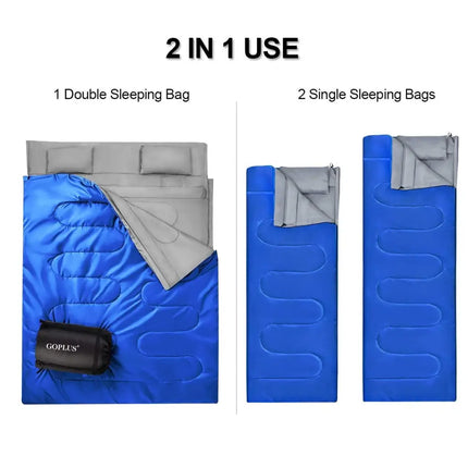 2 Person Waterproof Sleeping Bag with 2 Pillows-Blue - Blue - Air Mattresses & Sleeping Bags