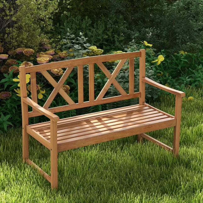 2-Person Wood Outdoor Bench with Cozy Armrest and Backrest - Brown - Outdoor Benches