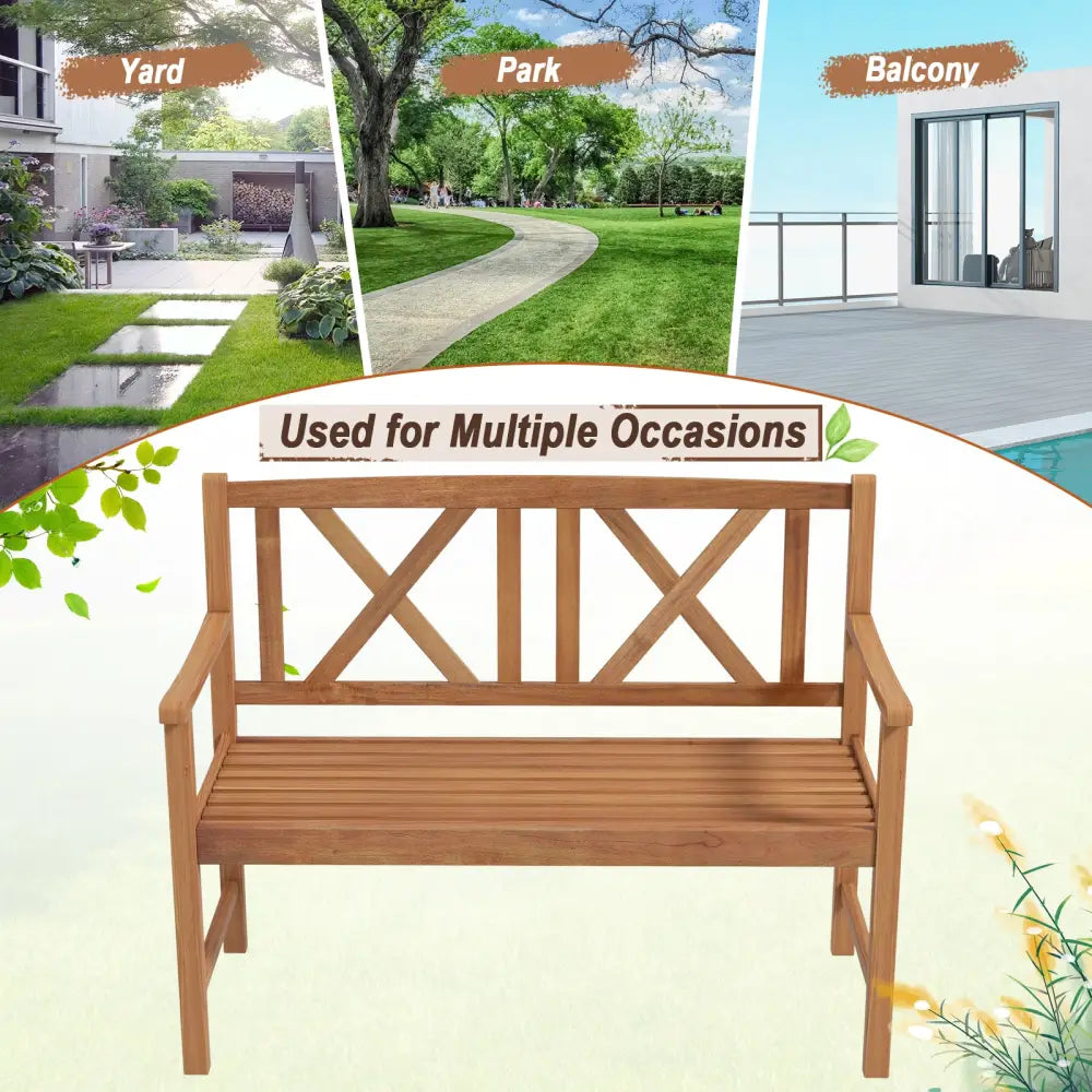 2-Person Wood Outdoor Bench with Cozy Armrest and Backrest - Brown - Outdoor Benches