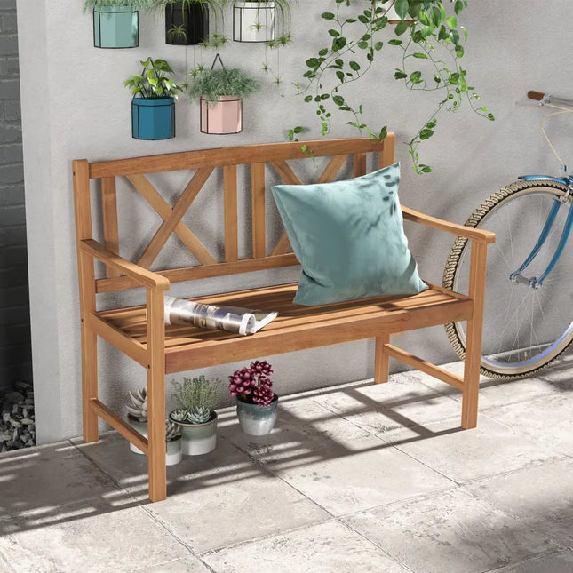 2-Person Wood Outdoor Bench with Cozy Armrest and Backrest - Brown - Outdoor Benches