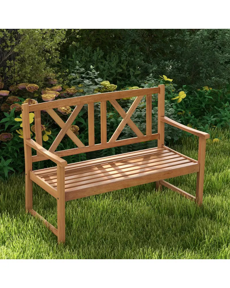 2-Person Wood Outdoor Bench with Cozy Armrest and Backrest - Brown - Outdoor Benches
