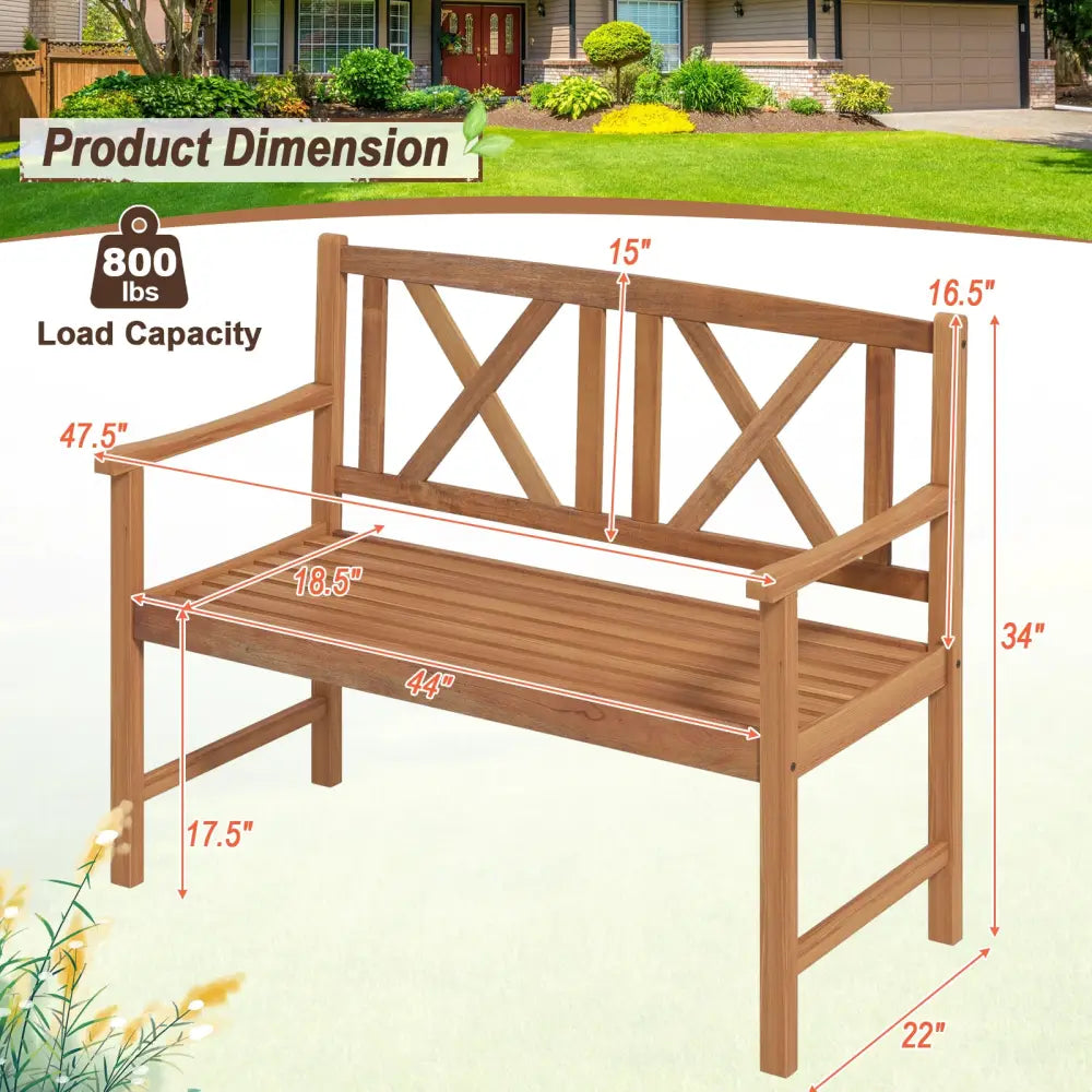2-Person Wood Outdoor Bench with Cozy Armrest and Backrest - Brown - Outdoor Benches