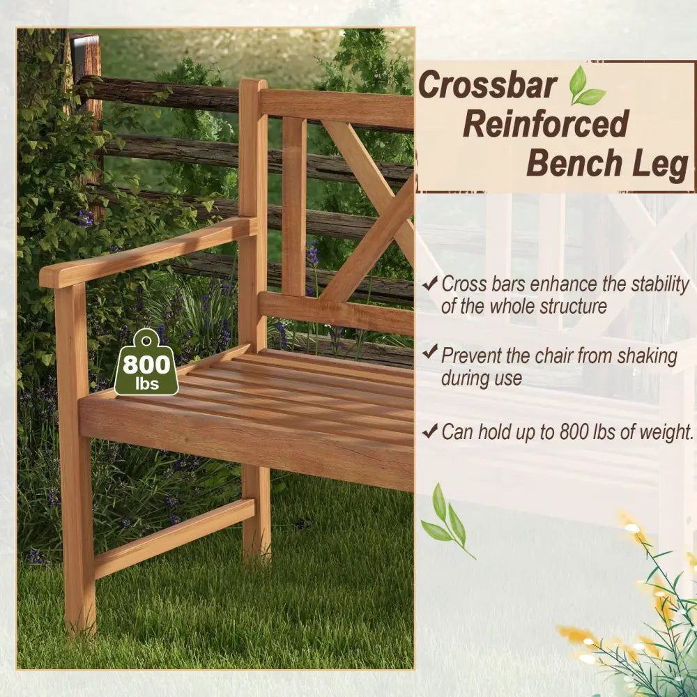 2-Person Wood Outdoor Bench with Cozy Armrest and Backrest - Brown - Outdoor Benches