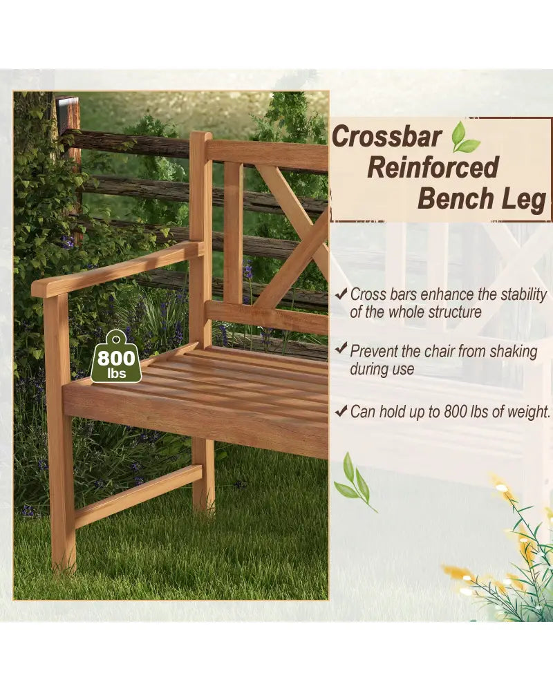 2-Person Wood Outdoor Bench with Cozy Armrest and Backrest - Brown - Outdoor Benches