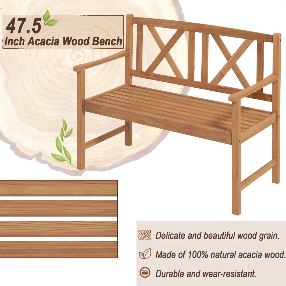 2-Person Wood Outdoor Bench with Cozy Armrest and Backrest - Brown - Outdoor Benches