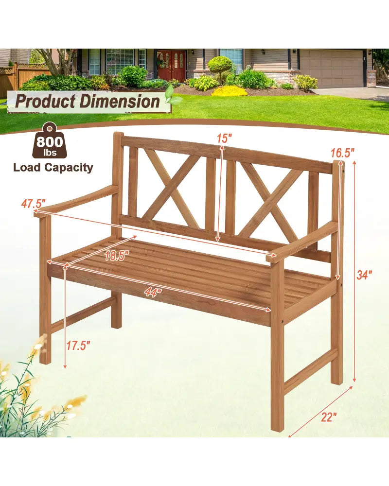 2-Person Wood Outdoor Bench with Cozy Armrest and Backrest - Brown - Outdoor Benches
