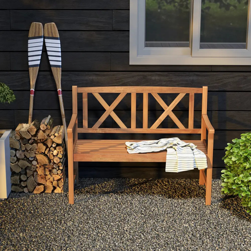 2-Person Wood Outdoor Bench with Cozy Armrest and Backrest - Brown - Outdoor Benches