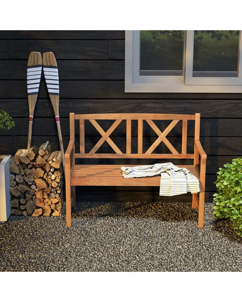 2-Person Wood Outdoor Bench with Cozy Armrest and Backrest - Brown - Outdoor Benches