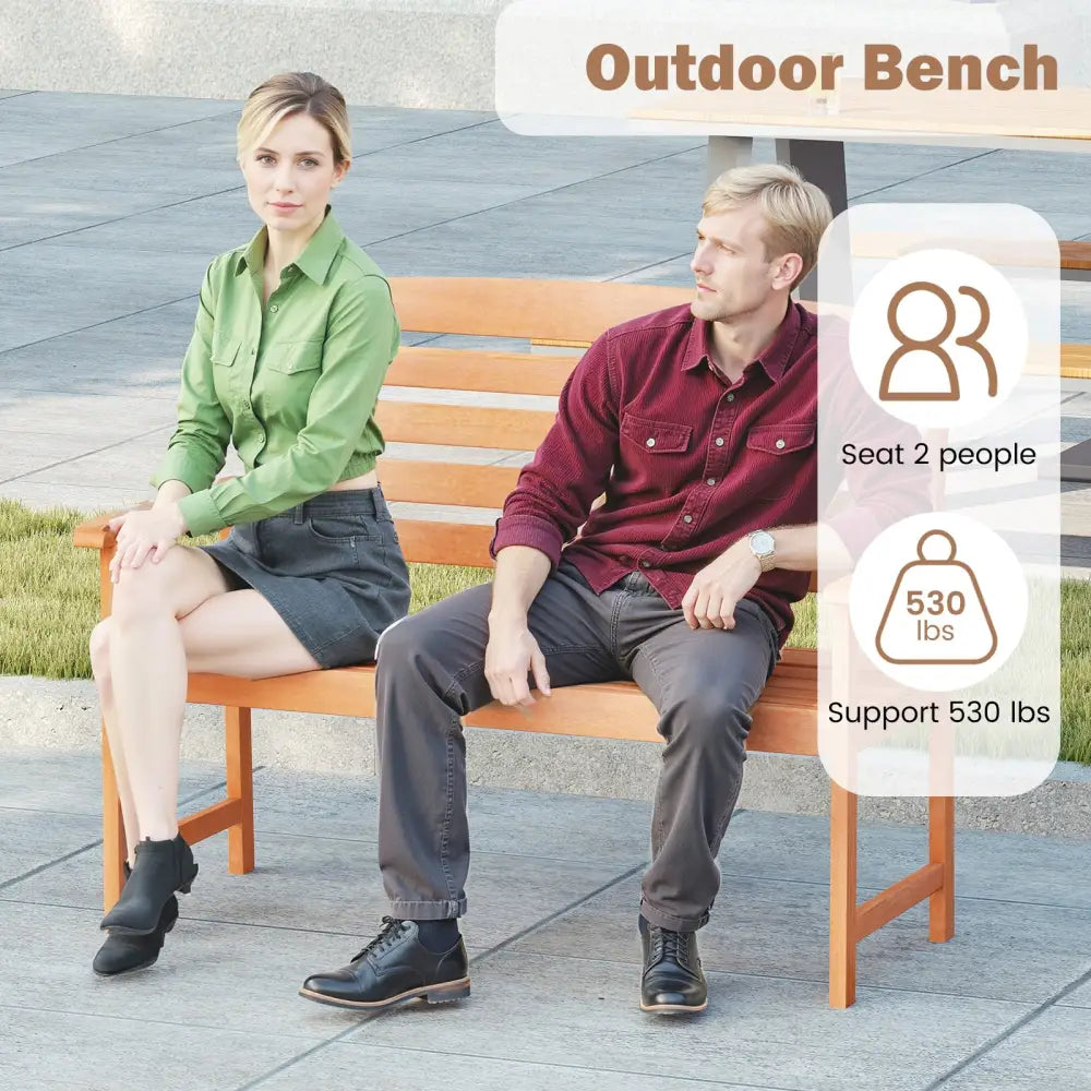 2-Person Wooden Garden Bench with Slatted Backrest and Comfortable Armrests - Natural - Outdoor Benches