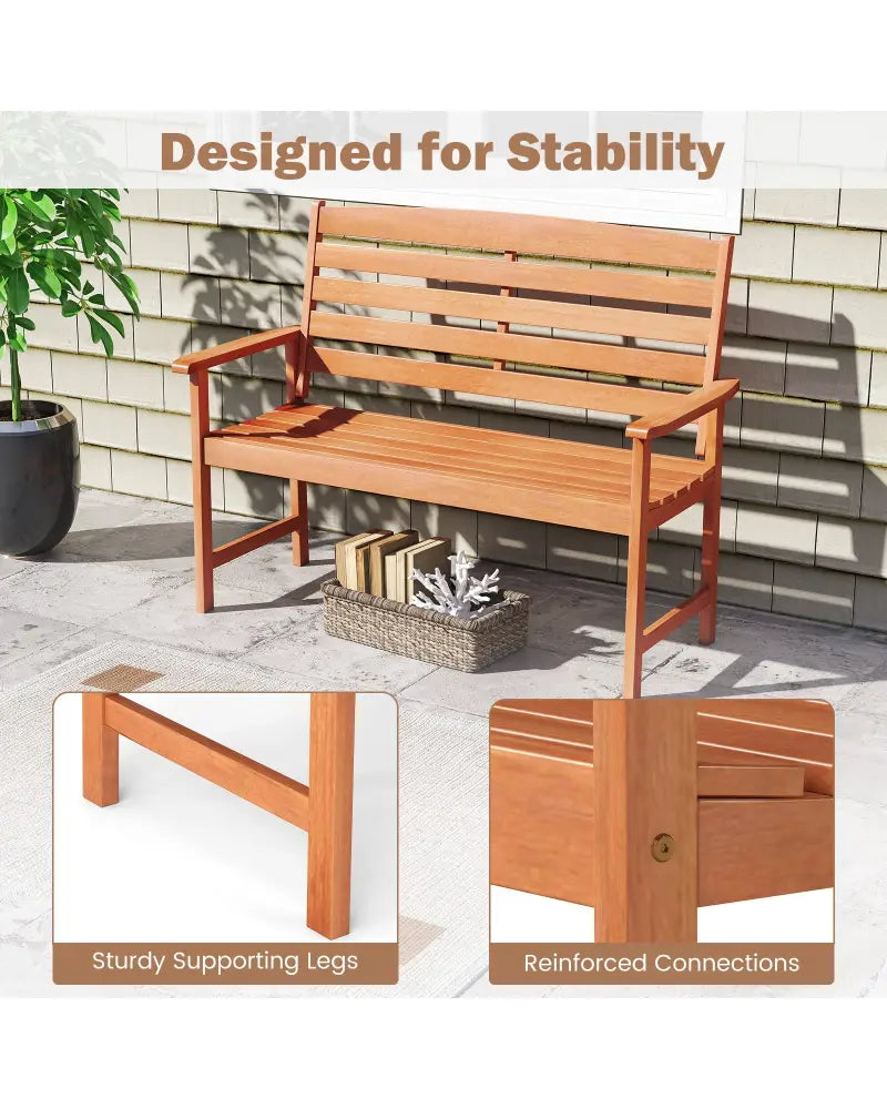 2-Person Wooden Garden Bench with Slatted Backrest and Comfortable Armrests - Natural - Outdoor Benches