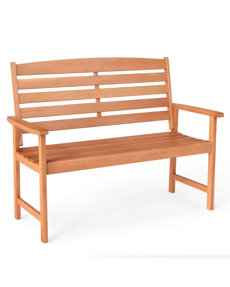 2-Person Wooden Garden Bench with Slatted Backrest and Comfortable Armrests - Natural - Outdoor Benches