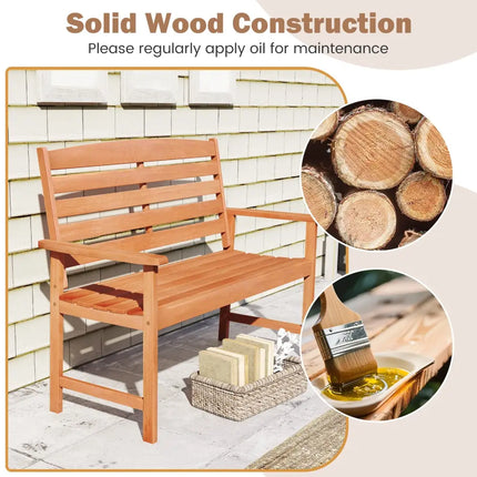 2-Person Wooden Garden Bench with Slatted Backrest and Comfortable Armrests - Natural - Outdoor Benches